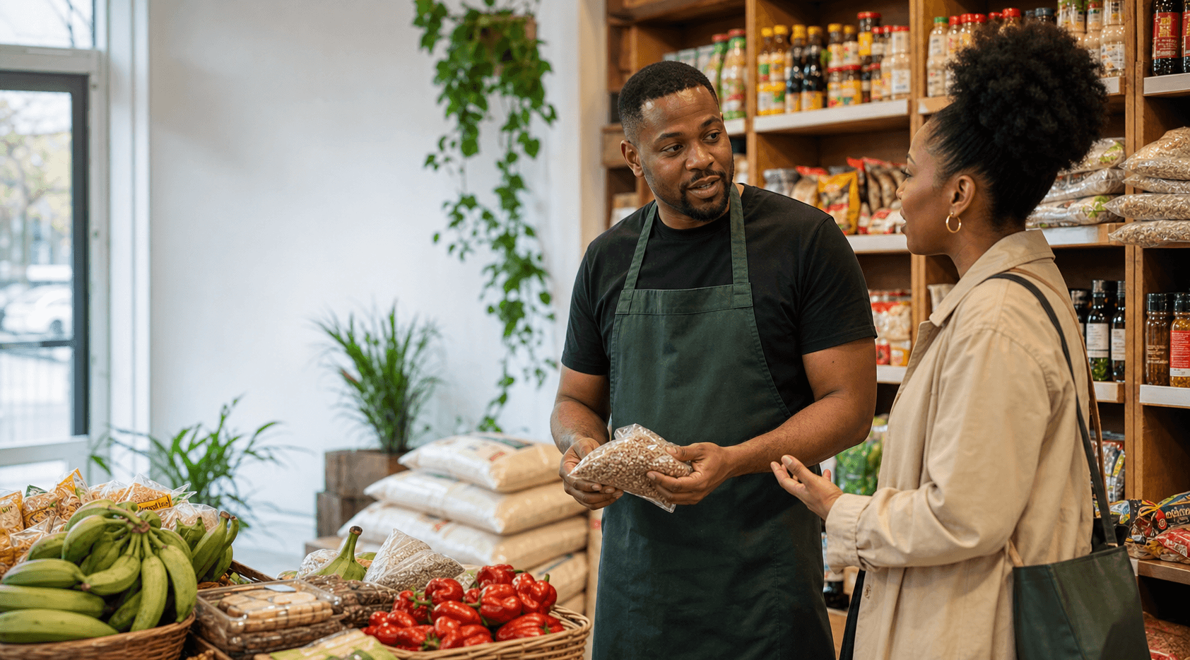 A store owner speaking with a shopper in a cultural grocery aisle