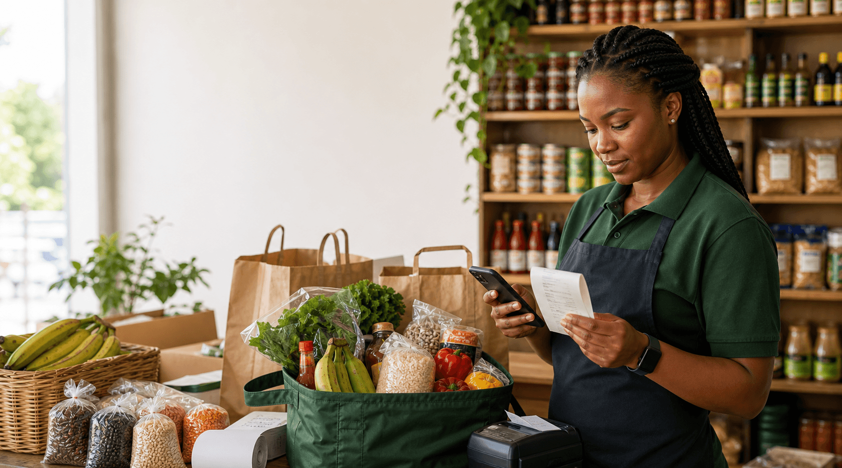 Groceries being checked and prepared for dispatch