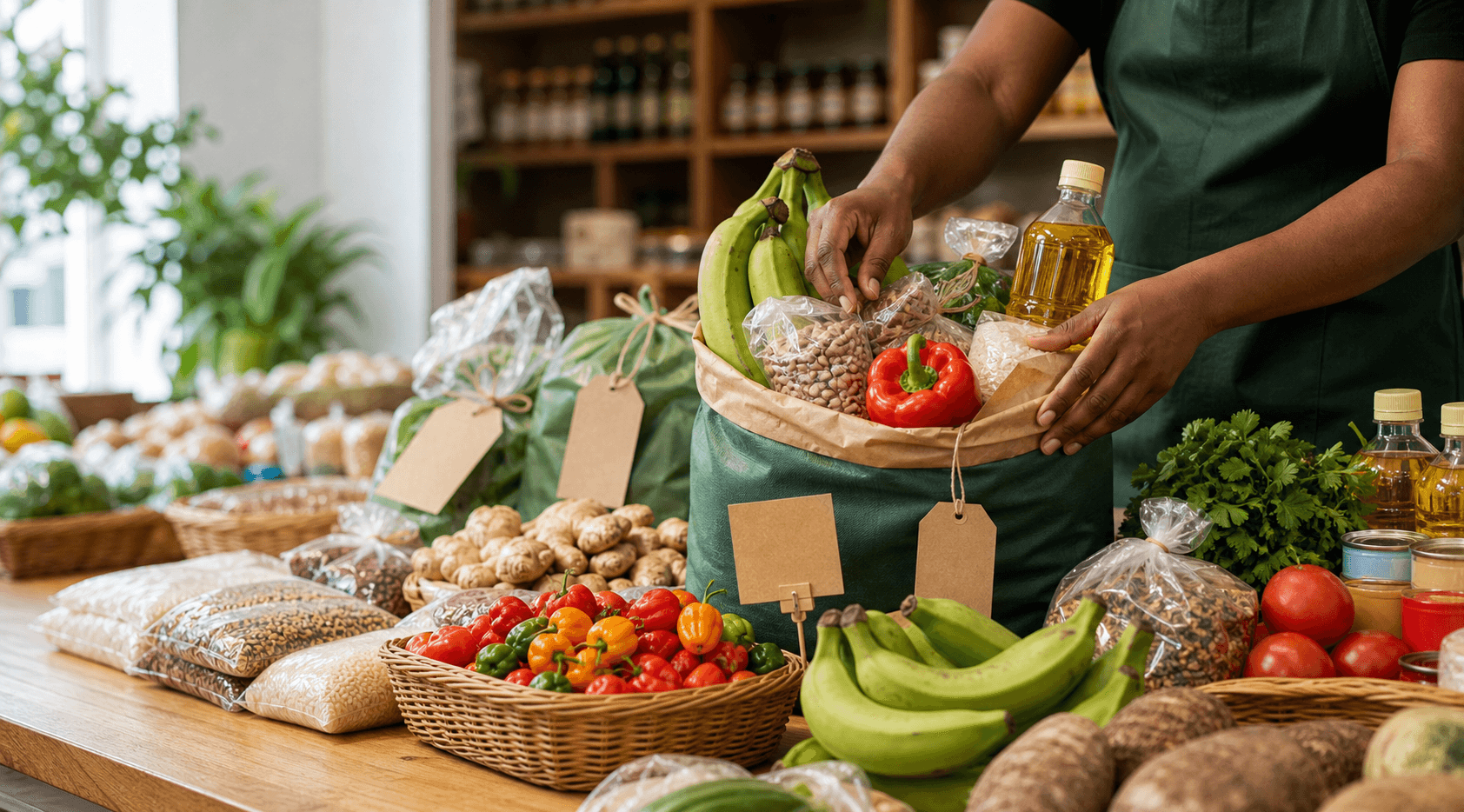 Grocery counter with weekly produce and pantry bundles