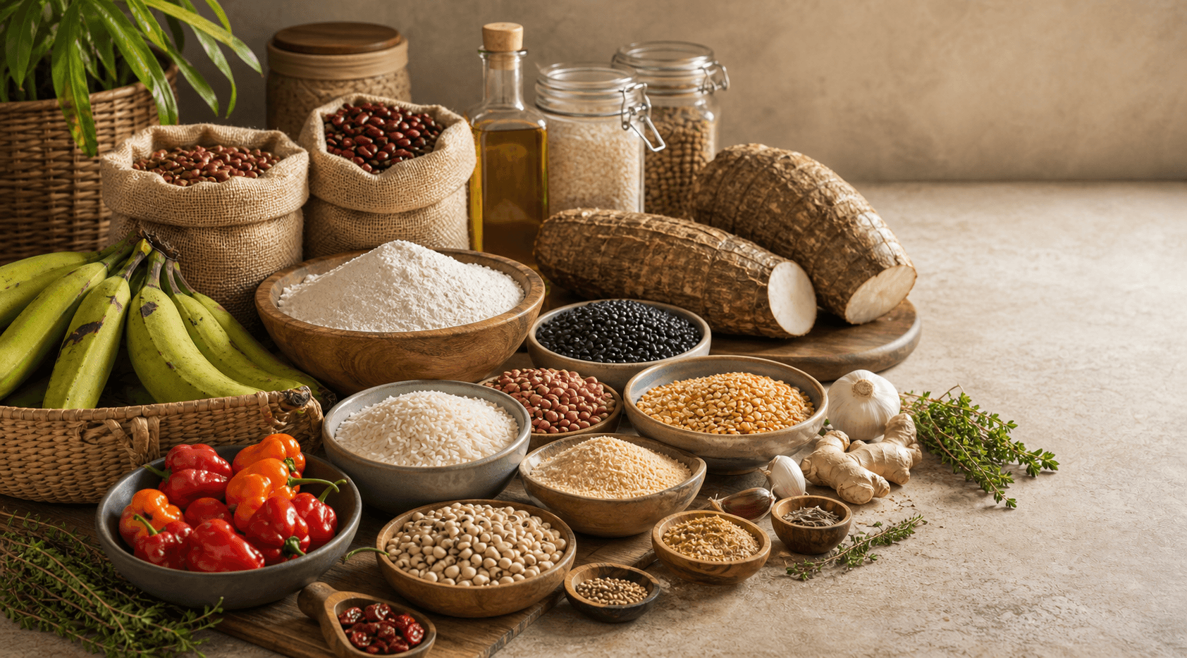 African pantry staples, grains, yams, peppers, spices, and oils on a table