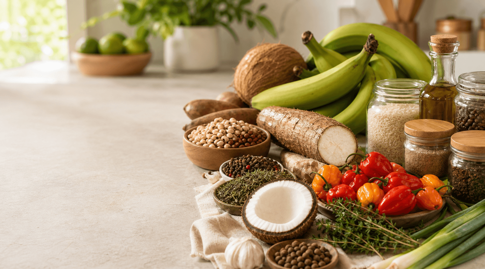 Caribbean pantry ingredients including green bananas, thyme, coconut, peas, and peppers