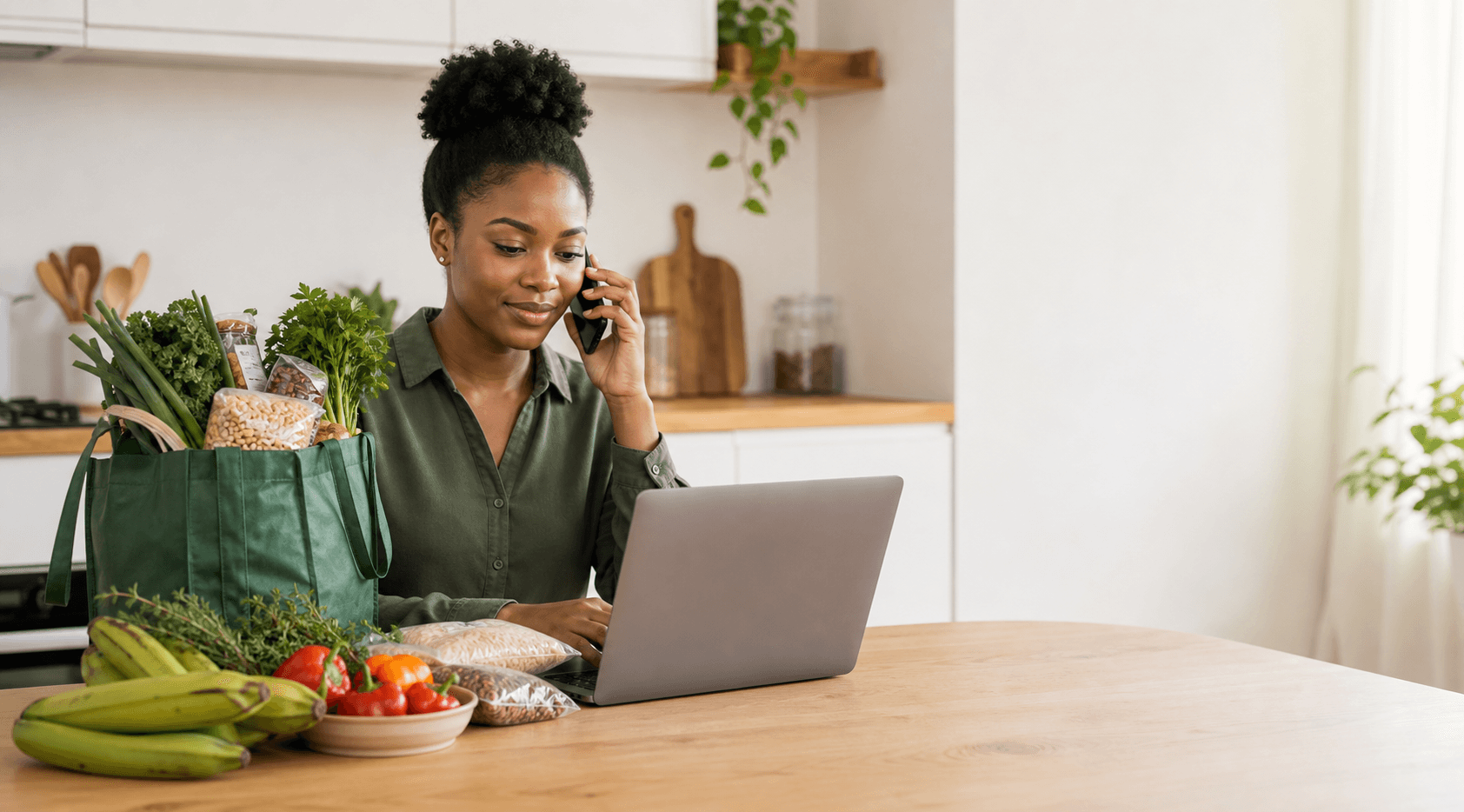 A kitchen table with groceries and a laptop for customer support