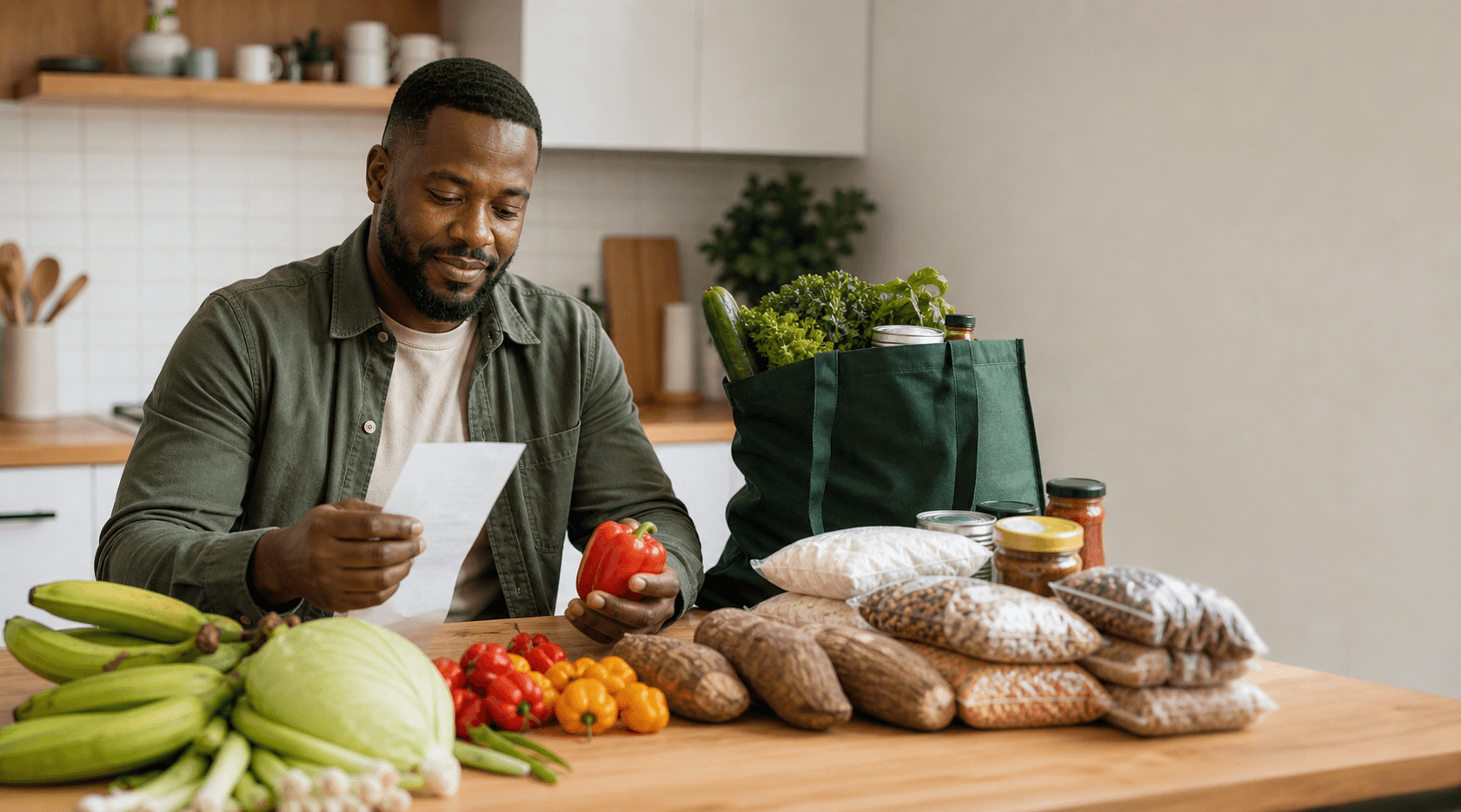 Groceries and receipt being checked after delivery