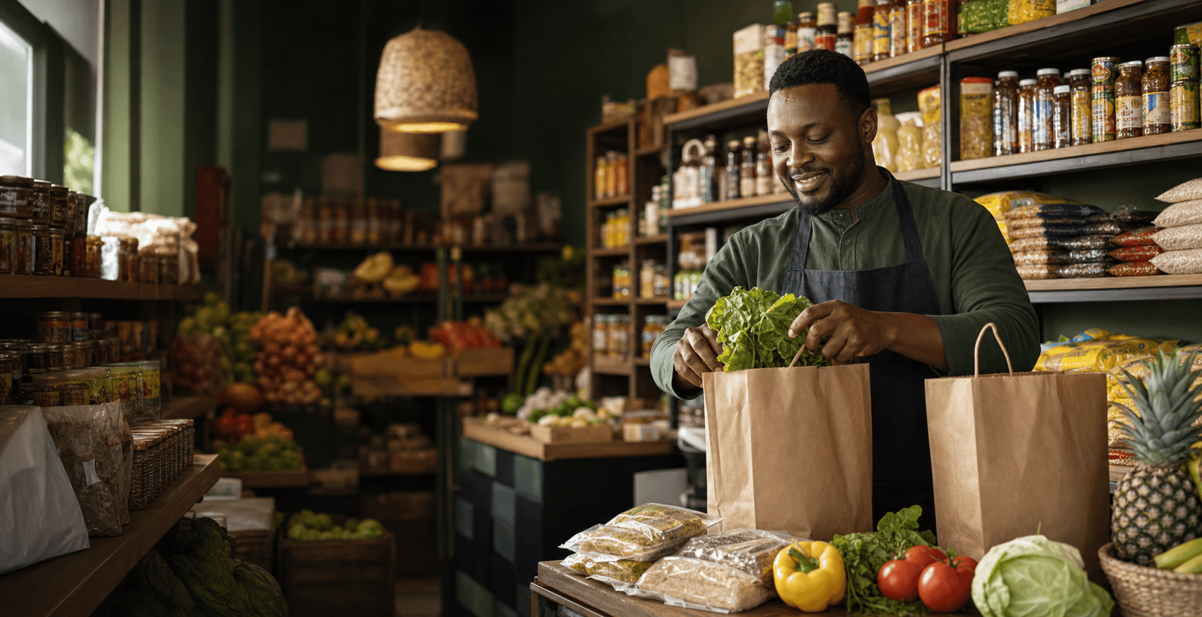 Vendor packing fresh groceries inside an African and Asian food store